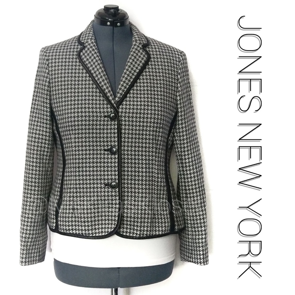 Houndstooth Leather Trimmed Blazer EUC